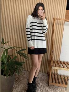 Striped Long-Sleeved Knit Sweater Top, Warm And Comfortable. - White - View 3