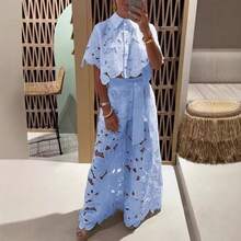 2026 Summer New European And American Solid Color Sexy Hollow Cardigan Top Wide Leg Pants Two-Piece Set Women - Blue - View 3