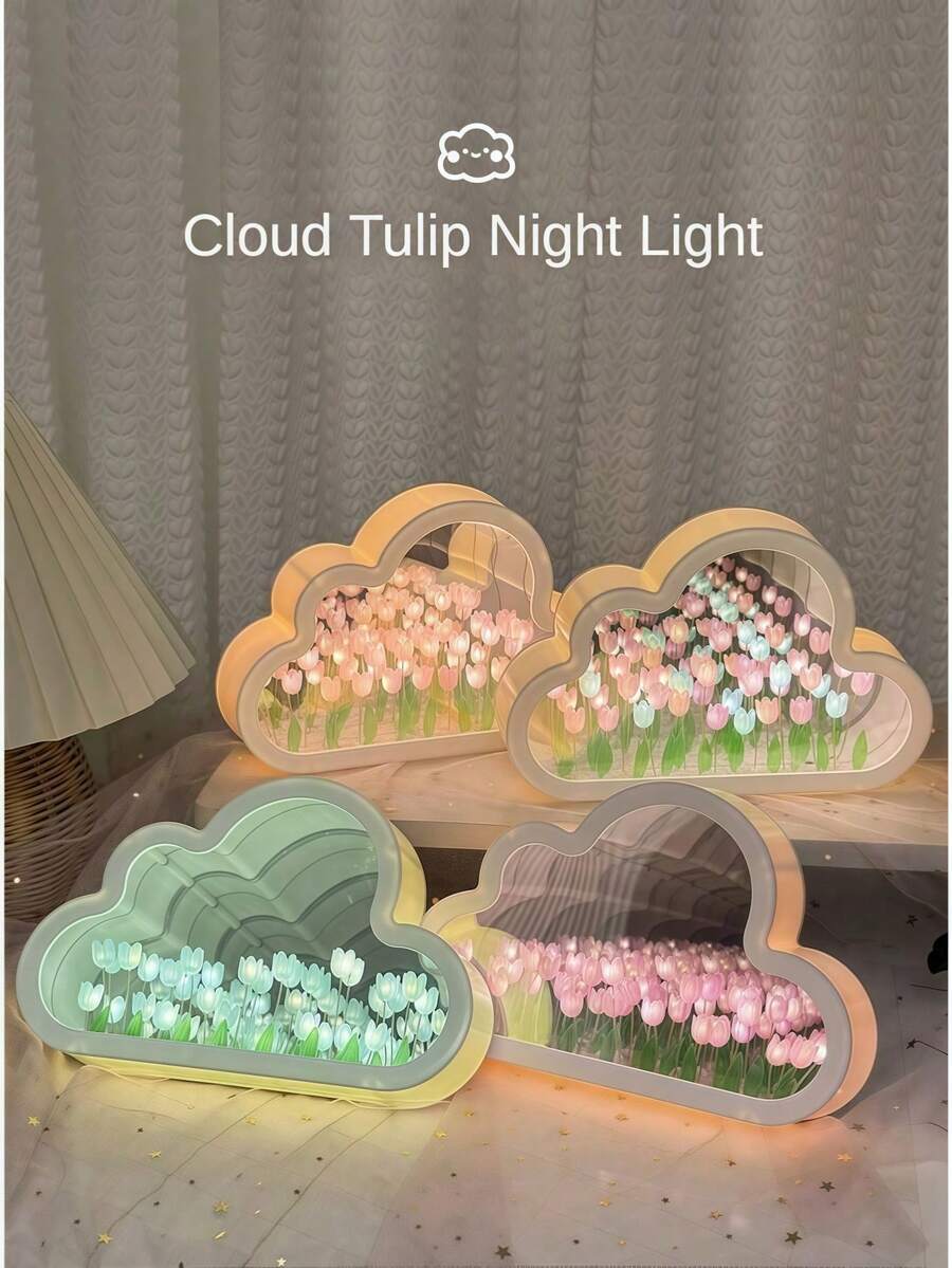 1pc Cloud Tulip Night Light, DIY Creative Artificial Tulip Flower Design, Battery Operated, Suitable For Living Room, Bedroom, Desk, Office, Game Room Decor, Also Can Be Used As Photography Prop, Handmade Gift For Holiday And Birthday