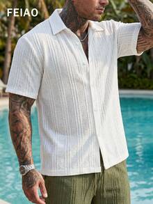 FEIAO Men's Retro American Vintage Style Solid Color Textured Fabric Short Sleeve Shirt, Semi-Sheer Soft And Comfortable, Fashionable Elegant Design Suitable For Commuting, Casual And Holiday Wear - White - View 4