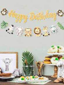 一套丛林动物主题生日快乐横幅，丛林动物狩猎主题生日派对横幅，一周岁生日派对三角旗，野性派对背景装饰，男孩女孩生日派对用品，婴儿派对悬挂装饰，新生儿派对墙面装饰，一周岁生日派对横幅，婴儿派对装饰，婴儿房装饰，生日礼物，丛林派对装饰，生日礼物，性别揭晓派对装饰，派对礼品 - 叢林動物 - 查看 8