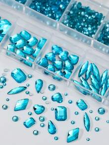 1Box Lake Blue Nail Rhinestones K9 Glass Crystals Gems Flatback Irregular + Round Diamond Mixed Shape SS4-SS16 Nail Jewels Shiny Luxury Nail Charms - Blue - View 3