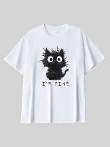 Oversized Women's T-Shirt, Black Cat "I'm Fine" Theme White Short Sleeve T-Shirt, Spring/Summer New Women's Sportswear, Fashionable Soft Breathable Women's Short Sleeve Top - White - View 3