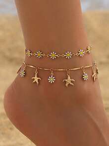 Set de 2 tobilleras de estilo vacacional con decoración de margaritas, tobillera con borla de estrella de mar y flor, joyería de moda para mujer, adecuada para uso diario, fiesta en la playa, citas. La cadena hecha a mano se puede cortar a la longitud deseada. La cantidad y el orden de las flores y las estrellas de mar no están fijos. - Dorado - Ver 1