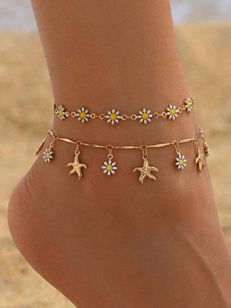 Set de 2 tobilleras de estilo vacacional con decoración de margaritas, tobillera con borla de estrella de mar y flor, joyería de moda para mujer, adecuada para uso diario, fiesta en la playa, citas. La cadena hecha a mano se puede cortar a la longitud deseada. La cantidad y el orden de las flores y las estrellas de mar no están fijos. - Dorado - Ver 1