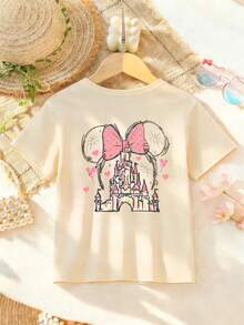 Disney Minnie Mouse Castle Girls' T-Shirt 2-14 Years Soft Lightweight Pink Bow Print Kids Tee For Disney Trips Everyday Wear Express Delivery - Màu be - Xem 2