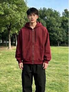Men's Hoodie – Zipper, Pockets, And Oversized Fit | Comfort And Style For Everyday Winter Wear - Burgundy - View 2