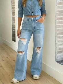 Women's Casual Washed Distressed Straight Leg Jeans - Light Wash - View 2