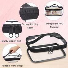 In Stock Transparent Zipper Makeup Bag, Waterproof Handheld Cosmetic Bag For Travel, Business, Bathroom Use, Unisex - Black - View 3