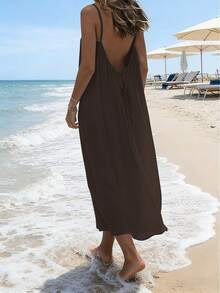 Women's Sleeveless Casual Brown Cami Dress With Maxi Length And Straight Hem - 咖色 - 查看 4