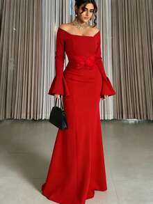 Đầm đuôi cá trễ vai tay bồng thanh lịch gợi cảm dành cho nữ, thích hợp cho đám cưới, tiệc tối, hẹn hò mùa xuân. - Đỏ - Xem 3