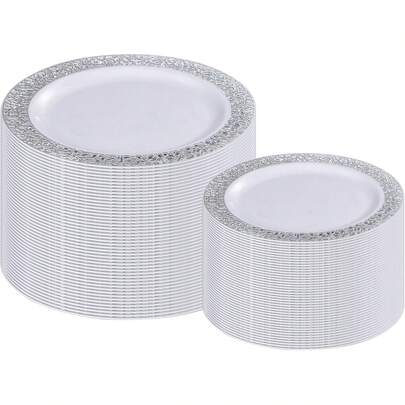 1 set de 7 platos huecos de base blanca con detalles en oro y plata, juego de vajilla, platos para ensalada, vajilla para fiestas, bandejas, fuentes de servir de 10.25 pulgadas y 7.5 pulgadas, adecuado para diversas fiestas, al aire libre, bodas, restaurantes