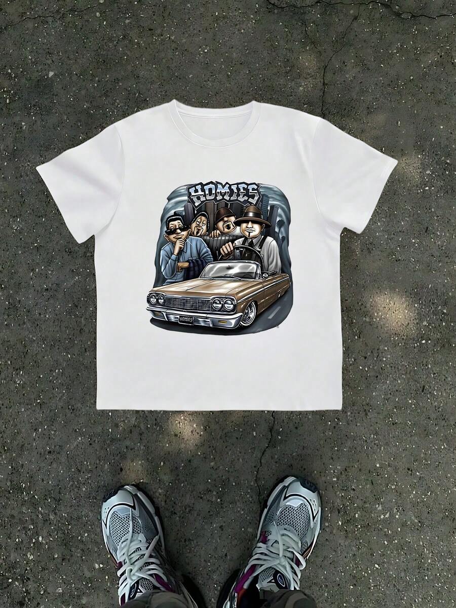 1Pcs Homies Car Print Men's T Shirt Gangster Theme 100% Cotton TShirt Men's Summer Streetwear Tee Gift For Men - 白色 - 查看 1