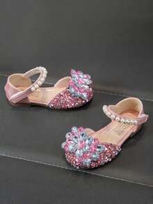 2026 Spring/Summer New Toddler/Little Girls' Bowknot Rhinestone Dance Performance Sandals, Hook And Loop Closed Toe Flat Roman Shoes - Pink - View 4