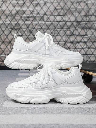 Men's Minimalist Style All-White Sneakers, Thick-Soled Height-Increasing Chunky Sneakers Design, Comfortable And Versatile Thick-Soled Shoes, Non-Slip And Wear-Resistant Outsoles, Versatile White Sneakers, Essential Shoes For Couples' Dates And Outings