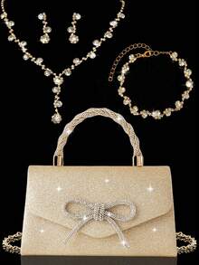 4pcs Luxury Sparkling Jewelry Set For Women, Formal Party Handbag With Rhinestone Bow Decor, Bridal Wedding Gift Set, Suitable For Party, Wedding, Prom, Gala, Perfectly Matches Holiday Party Dresses, Essential Accessory For Wedding & Party - Champagne - View 12