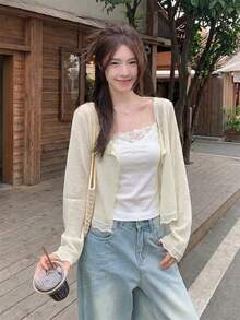 女士轻薄披肩领外套，休闲纯色长袖上衣，适合春夏穿着 - 杏色 - 查看 4