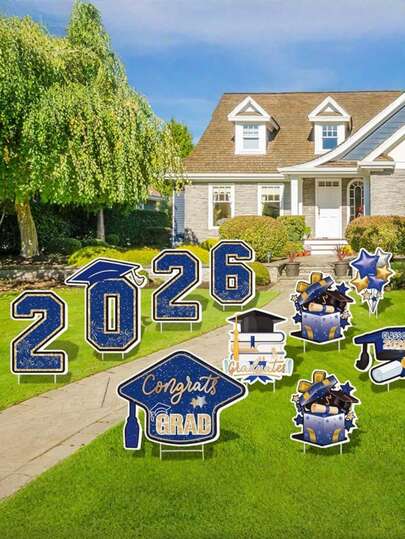 Bộ 11 biển trang trí tốt nghiệp, biển chúc mừng tốt nghiệp năm 2026, biển trang trí sân vườn ngoài trời kèm cọc, đồ trang trí sân vườn cho lễ tốt nghiệp đại học/trung học (Đen vàng, Xanh dương)
