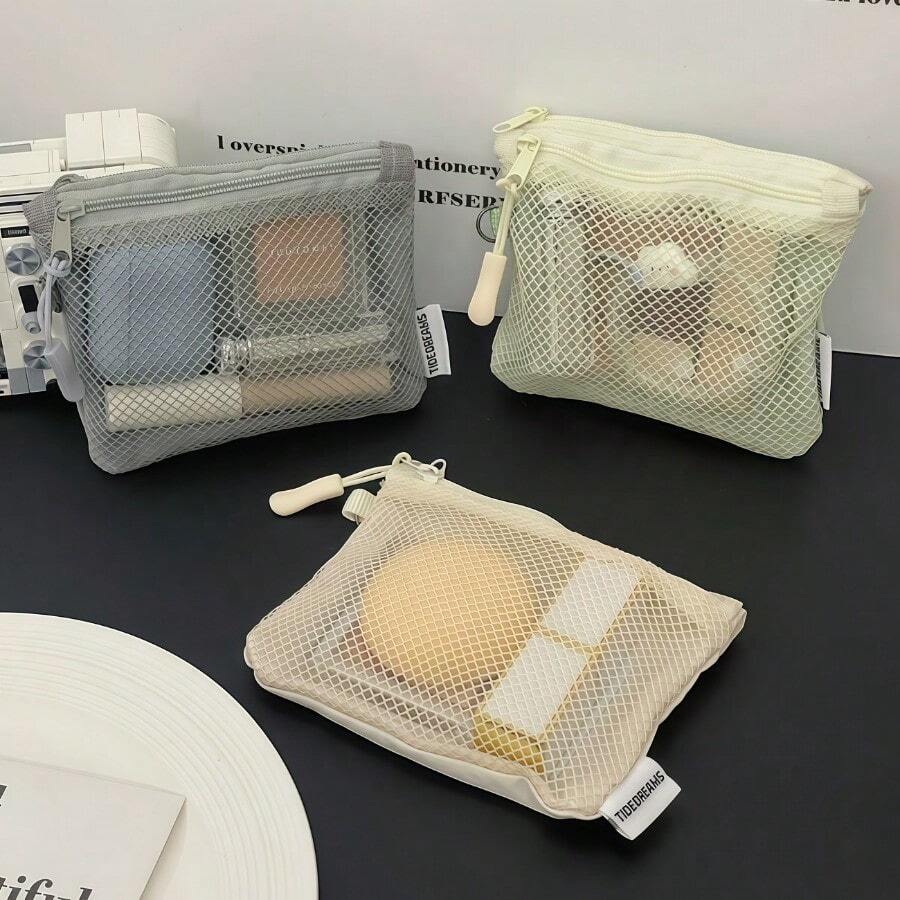 1pc Of Green Mesh Zippered Pouch - A Portable Mini Storage Bag Designed For Makeup, Cosmetics, And Toiletries, Featuring A Compact Travel Organizer With Two Compartments, Ideal For Essentials Such As Lipstick And Travel Makeup. - Multicolor - View 1