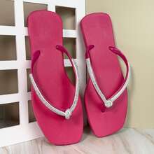 Women's Comfortable Black Square Toe Flip-Flop Sandal With Rhinestone Strap And Bow - Hot Pink - View 1