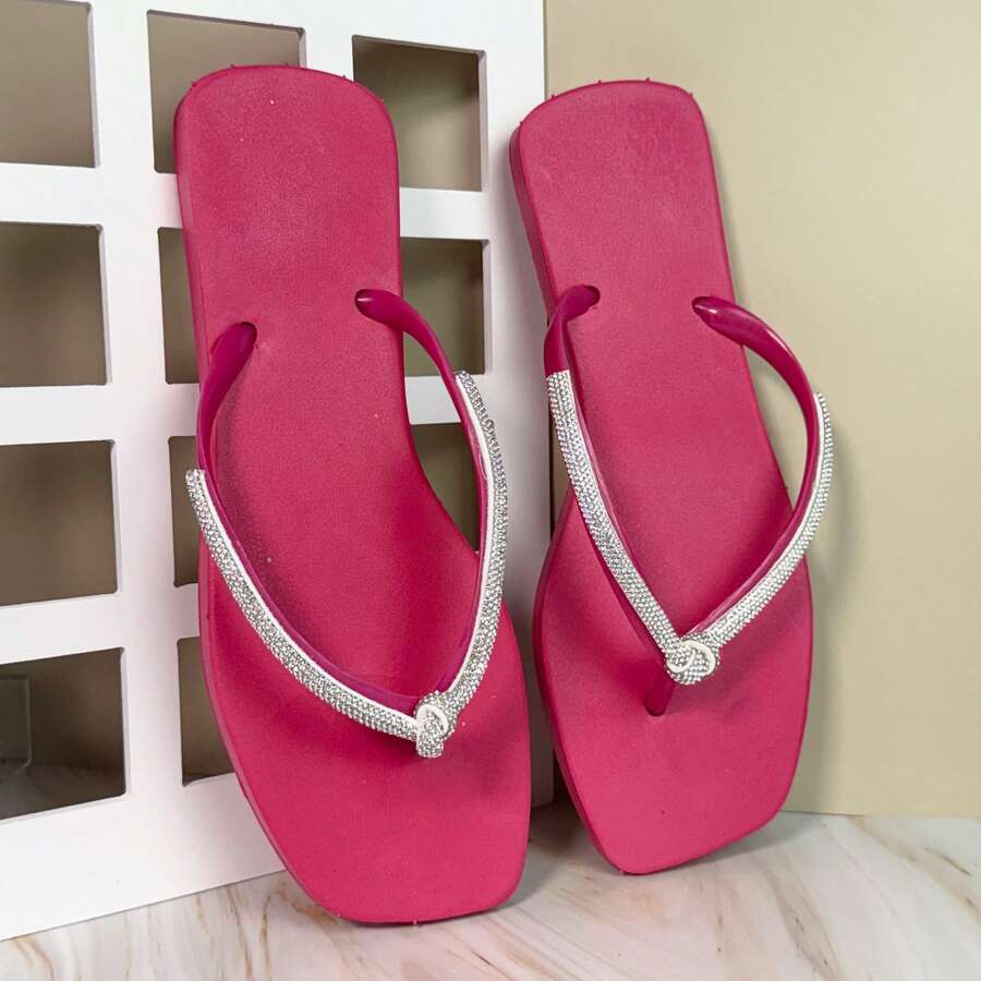 Women's Comfortable Black Square Toe Flip-Flop Sandal With Rhinestone Strap And Bow - Hot Pink - View 1