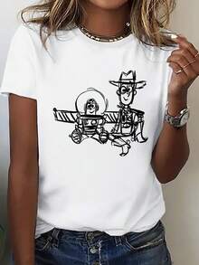 Disney Pixar Toy Story Woody & Buzz Sketch Oversized T-Shirt: White Loose Fit Cotton Tee With Minimalist Line Art Graphic, Perfect For Theme Park Visits, Casual Wear And Toy Story Fans, Ideal Gift - trắng - Xem 1