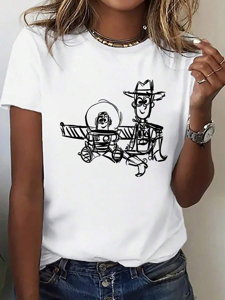 Disney Pixar Toy Story Woody & Buzz Sketch Oversized T-Shirt: White Loose Fit Cotton Tee With Minimalist Line Art Graphic, Perfect For Theme Park Visits, Casual Wear And Toy Story Fans, Ideal Gift - trắng - Xem 1