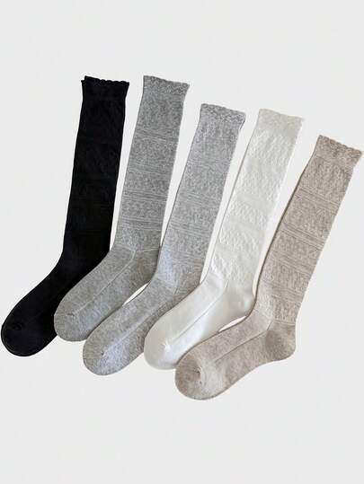 1 par de calcetines hasta la rodilla con volantes de unicolor y estampado jacquard para mujeres, estilo coreano retro para primavera/verano, uso casual y escolar