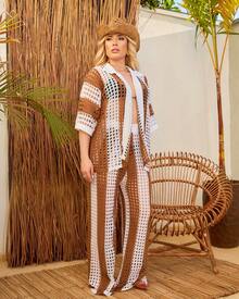 Premium Striped Beach Cover-Up Set (Jacket And Pants) - Camel - Ver 6