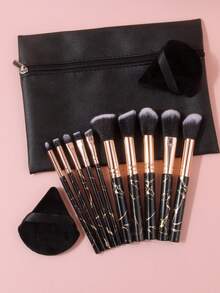 13pcs Travel Makeup Brush Set, Includes Marble Patterned Multi-Purpose Face Brushes, Double-Sided Soft Fan Powder Puff, Minimalist Large Capacity Zipper Storage Bag, Complete Holiday Makeup Essential Tools - Black - View 9