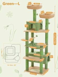 PAWZ Road 184 Cm Large Cat Tree, Cat Tower For Large Cats, Cat House With Sisal-Wrapped Scratching Posts And Padding, 2 Padded Resting Areas, Double House And Basket For Indoor Cats, Green - 綠色 - 查看 4