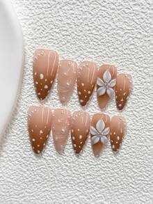 10Pcs Polka Dot Atmosphere Style Handmade Press On Nail,Polygel Nail Set,Five Petaled White Camellia,Polka Dot,Light Brown Nail Polish,Romantic Style,Includes Nail Tools,3 Sizes Available,Almond,Duck,Coffin Nails For Party,Dance,Daily Wear. - 彩色 - 查看 3