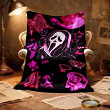 1PC Glowing Ghostface Horror Flannel Throw Blanket 50"X60" (Multiple Sizes) - Iconic White Scream Mask With Black Hood & Ink Wash Smoke, Tapestry Wall Hanging, Halloween Gift, Room Decor, Perfect For Sofa, Bed, Office, Horror Fan Gift - nhiều màu 4 - Xem 3