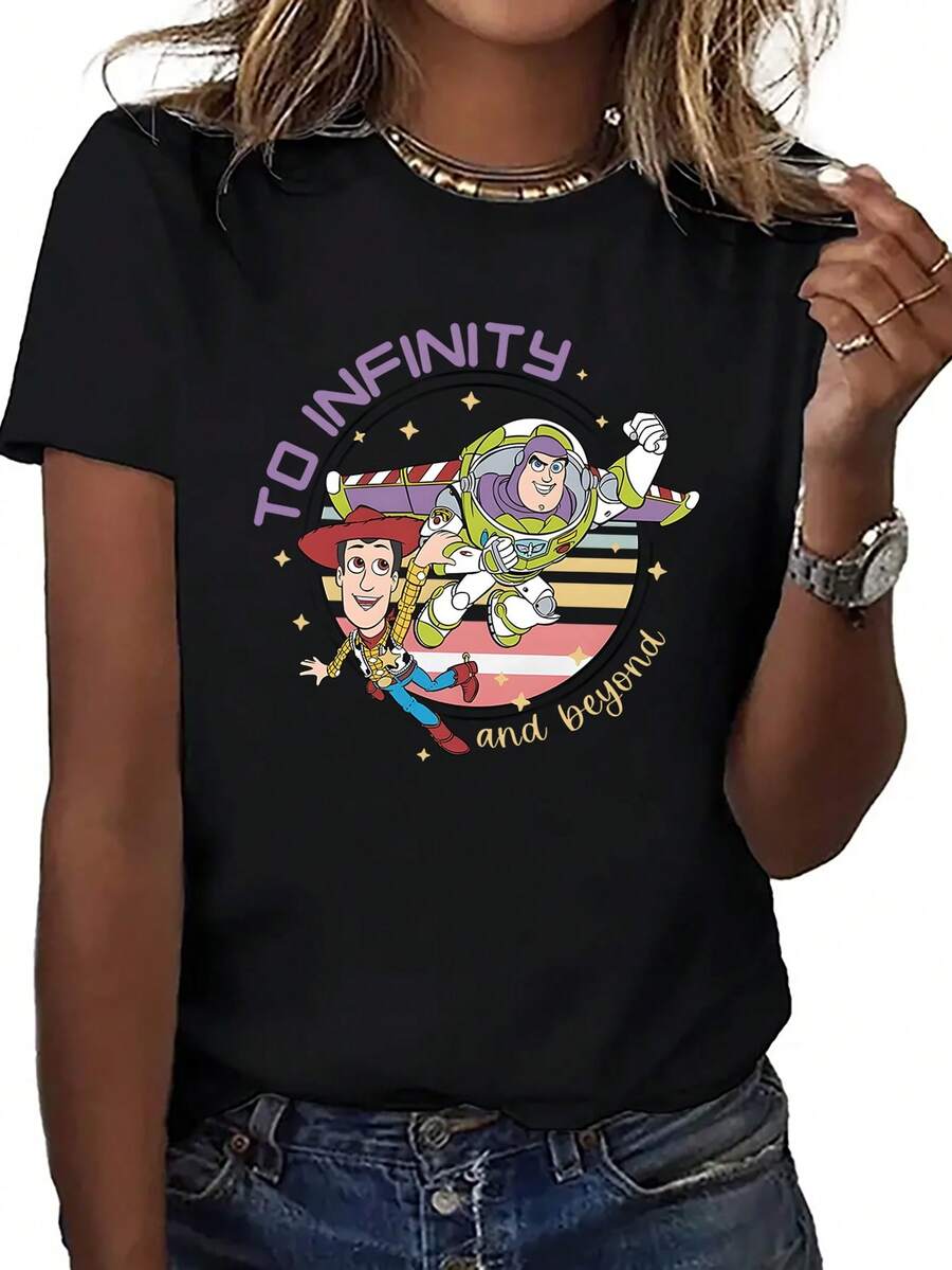 Disney Loose Fitting Toy Story Woody And Buzz Lightyear "TO INFINITY And Beyond" Retro Striped Printed T-Shirt, Suitable For Summer And Spring, Short Sleeved Tops, Women's Clothing, Holiday Gift Party Costumes. - 黑色 - 查看 1