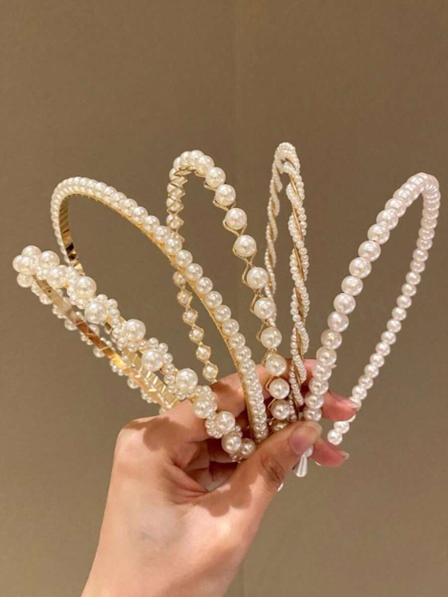 Set de 5 diademas con perlas falsas para mujeres, accesorios para el cabello para el hogar y la belleza - Blanco - Ver 1