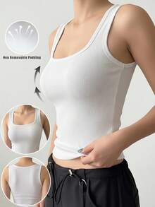 1pc Women Casual Comfortable Padded Square Neck Camisole Top, Slim Fit Ribbed Sleeveless Undershirt, Suitable For All Seasons - White - View 2