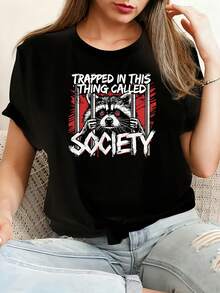 Trapped In This Thing Called Society Crazy Raccoon Lover Camiseta de algodón 100% femenino camiseta Casual 220g Funny Graphic Short Sleeve 1 PCS Tee Novelty Crew Neck Oversized Top - Negro - Ver 1