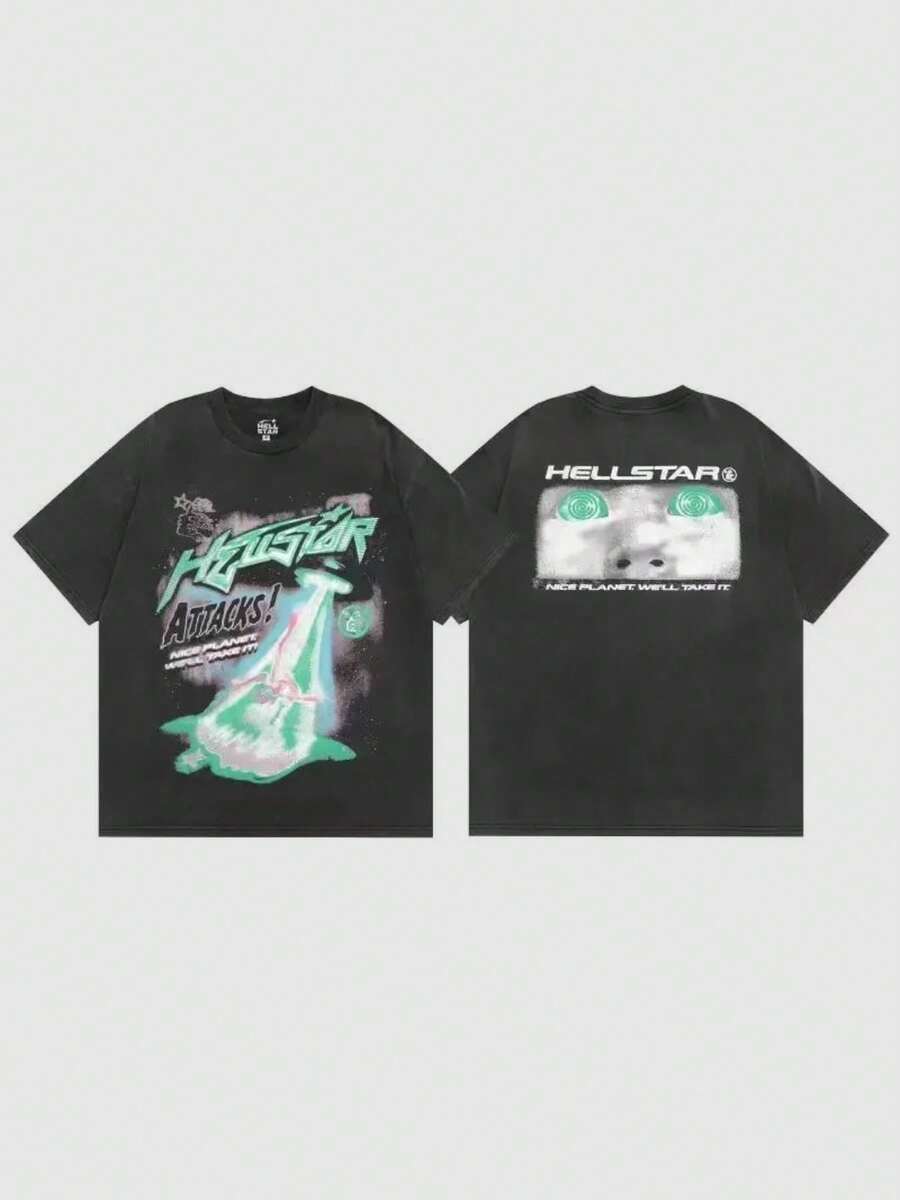 Hellstars Attacks! UFO Y2K T-Shirt Double Sided Printed (220g 100% Cotton T-Shirt), Summer Clothes, Men's Tops, Casual And Comfortable, Fashionable Graphic Tee, Unisex Style - 黑色 - 查看 1