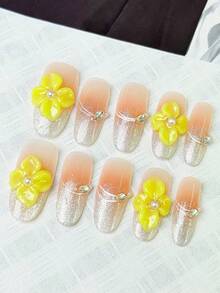10pcs Middle Oval Fake Nails With Grapefruit Pink Gradient Translucent Base, 3D Clear Flower (Pearl Accent) & Single Rhinestone Design Fresh Vitality Style 100% Handmade Press On Acrylic Nails Reusable Nail Supplies Including 1pc Jelly Glue,1pc Stick And 1pc Nail File For Women's Daily Or Party Wear - Multicolor - View 4