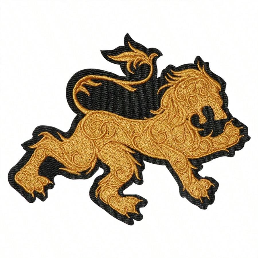 1pc Golden Lion Embroidered Patch, Golden Floral Lion Patch - Multicolor - View 1