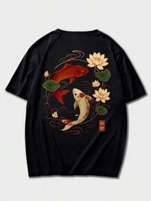 Men's FRACTYR Minimalist Fashionable Summer Carp Print Crew Neck Short Sleeve T-Shirt | Casual Streetwear Matching T-Shirt, Gift For Boyfriend/Husband - 黑色 - 查看 3