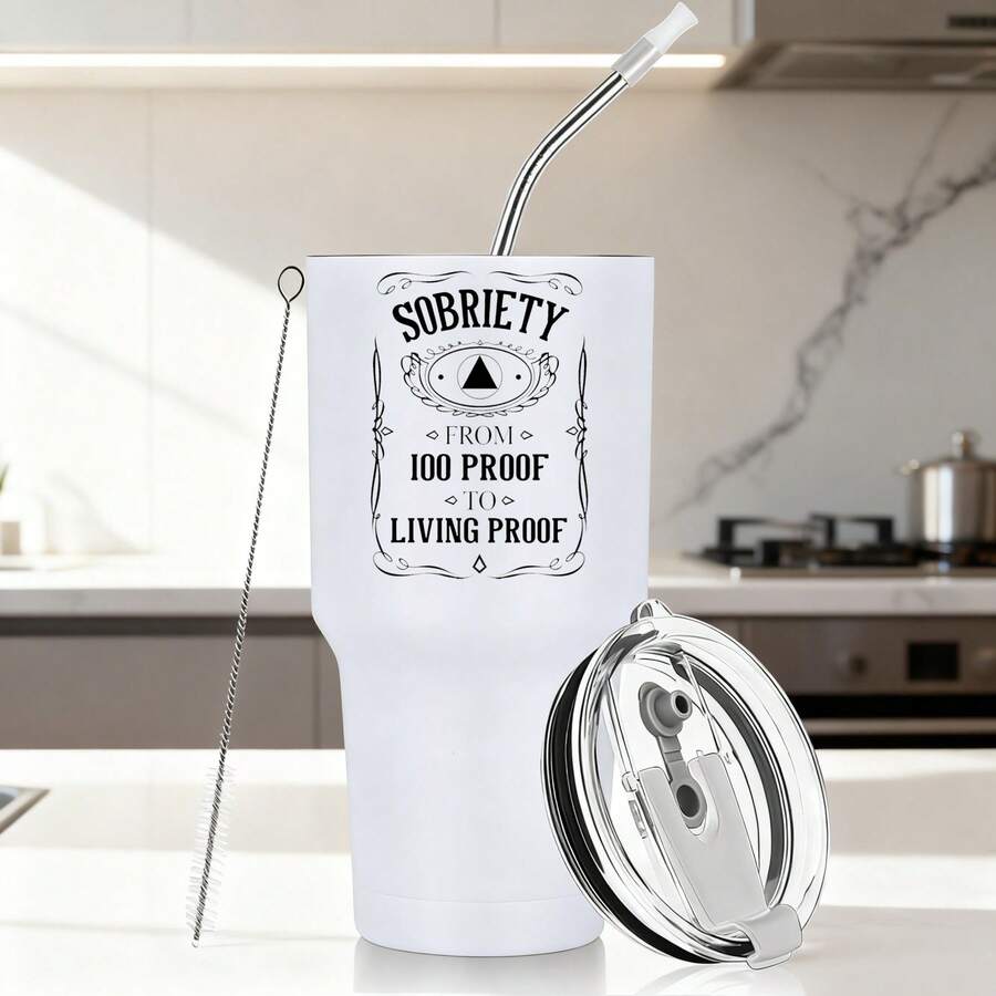 30oz Stainless Steel Tumbler Black White Options, Sobriety From 100 Proof To Living Proof Graphic Cups, Insulated Travel Coffee Mug With Lid And Straw , Double Wall Vacuum Reusable Travel Cups, Funny Birthday Party Gift For Women & Men - 白色 - 查看 1
