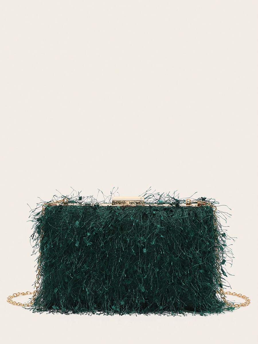 Mini Fluffy Tassel Box Clutch Bag - Dark Green - View 1