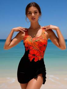 Women's Orange Floral Print Tankini Swimsuit With Black Skirt Cover Up, 2026 Summer Two Piece Bathing Suit Set - 亮橙色 - 查看 4