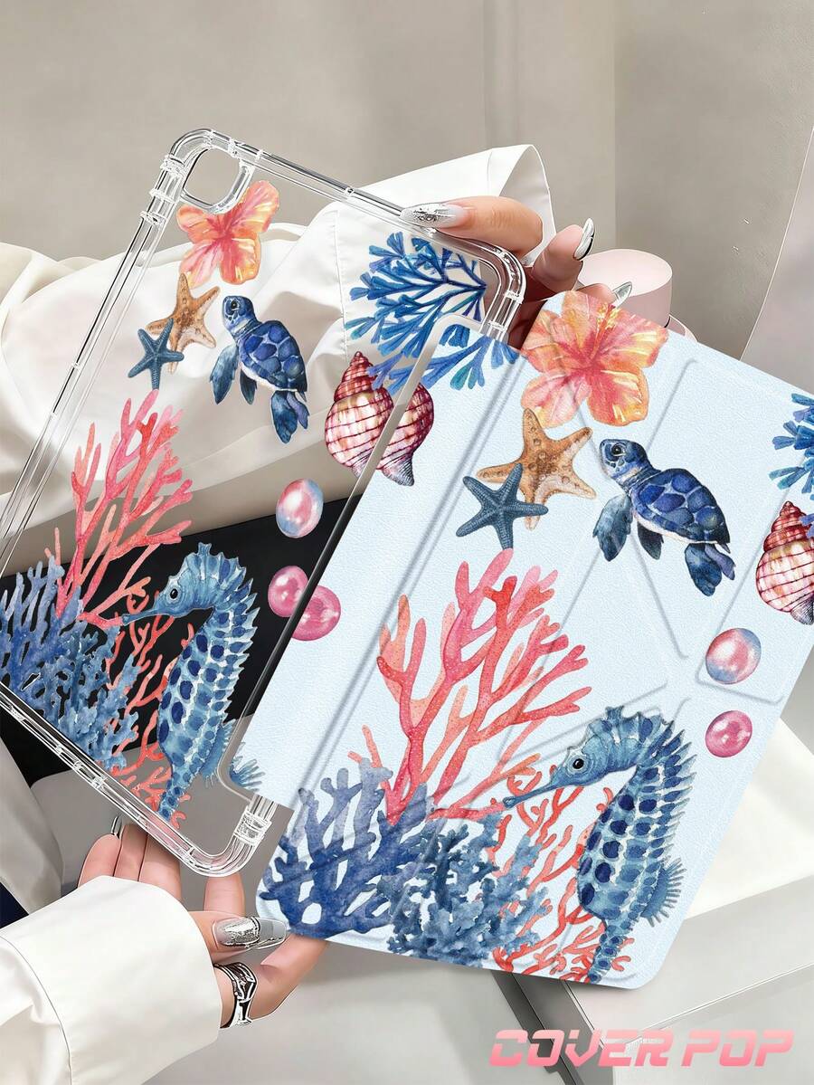蓝色海洋元素，海龟、海星、珊瑚、珍珠、芙蓉花图案，兼容 iPad Air 8 (M4) 2026 (11 英寸)、Air 8 (M4) 2026 (13 英寸)、(A16) 第 11 代 11 英寸 2025、Apple Air 11 (2025)、第 10 代 10.9 英寸 2022，带 Apple Pencil 插槽，三折支架保护套，自动唤醒/睡眠功能，是返校、情人节、节日的可爱礼物。