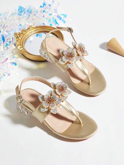 2026 New Girls' Rhinestone Floral High Heel Sandals, Comfortable Open Toe Lace-Up Design, Pink & Silver, Fashion Versatile, Suitable For Spring, Summer, Autumn