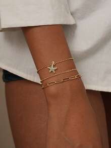 3pcs/Set Women Bracelets Set, Bohemian Summer Beach Style, Includes Golden Plated Multi-Layer Basic Chain, Beaded Chain, Satellite Chain, Paperclip Chain, Bead Chain, Blue Zirconia Starfish Pendant, Layered Bracelet Jewelry Set - Yellow Gold - View 5