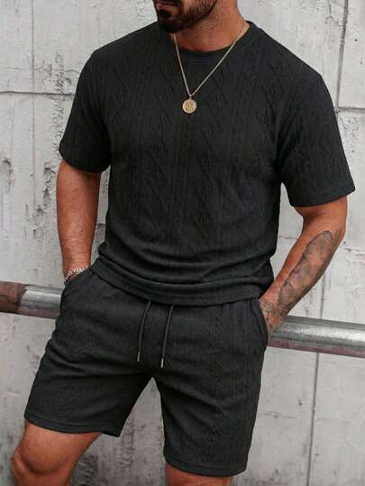 男士夏季提花面料休闲短裤和短袖T恤套装