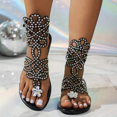 Sandalias planas de mujer con estampado floral y pedrería, estilo boho, punta abierta y correa elástica, sandalias casuales de playa