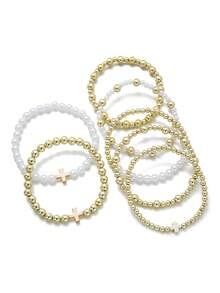 7pcs CCB Faux Pearl Mixed Cross Layered Bracelet Set, Women Summer Casual & Work Wear - Multicolor - View 5